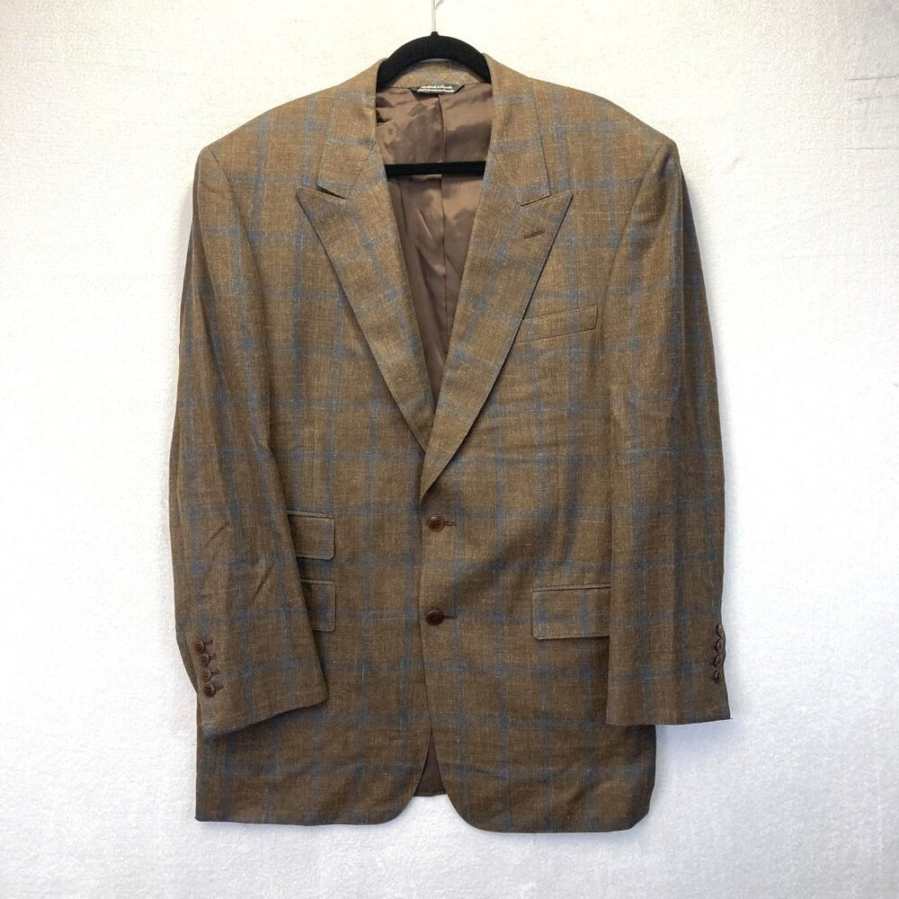 Vintage Y2K Renzi Silk Wool Blazer Jacket Mens 46 Brown Blue Windowpane Plaid‎
